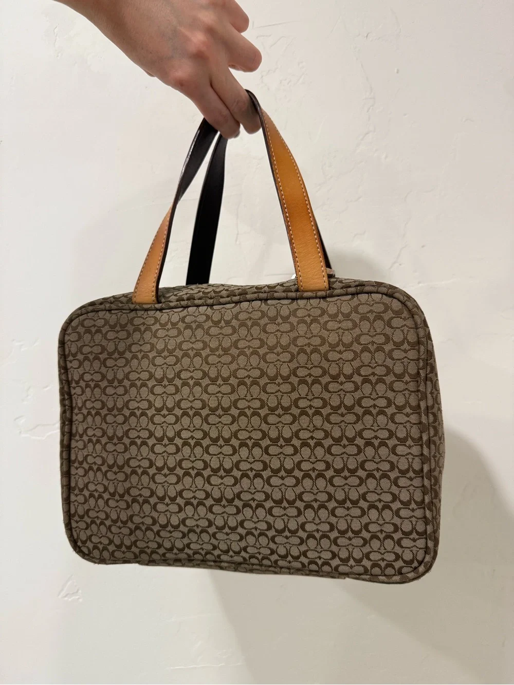 Coach Brown Signature Canvas Travel Pouch with Tan Leather Trim